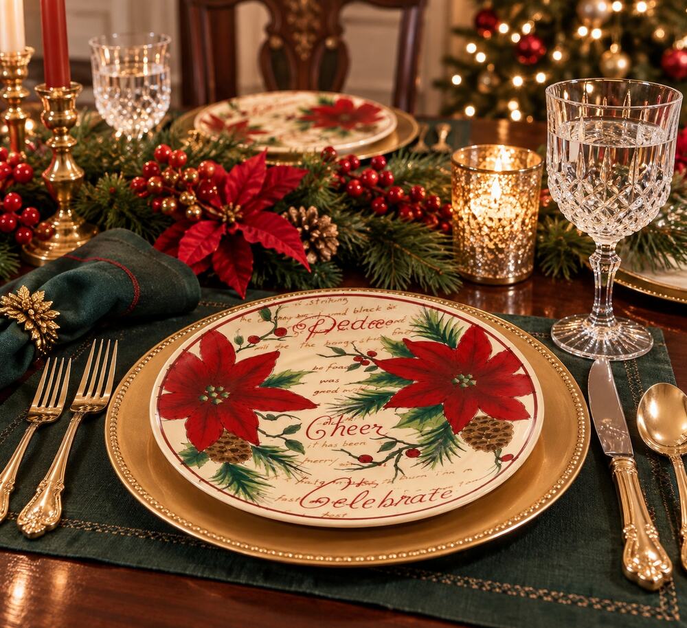 Maxcera Noel Christmas Poinsettia Plates Set of 4 8.5"